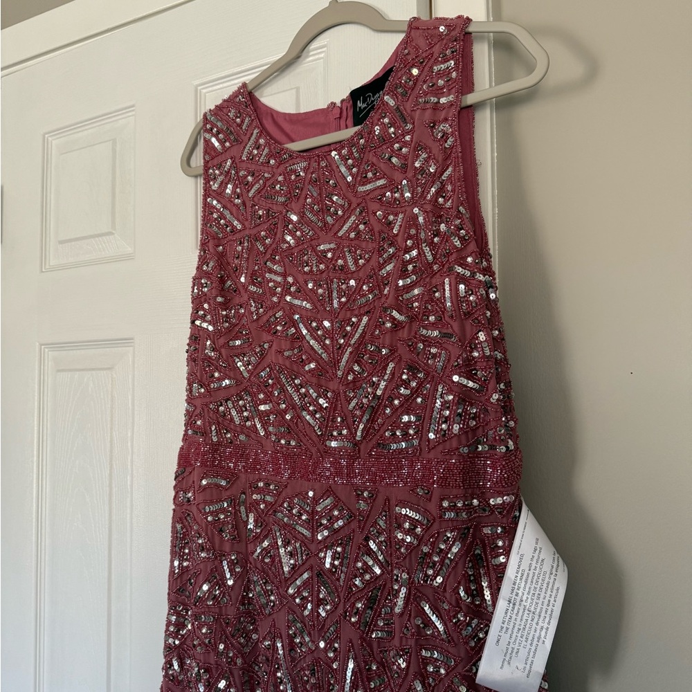 Mac Duggal Rosewood Pink Geometric Sequined Pattern Sleeveless Midi Dress